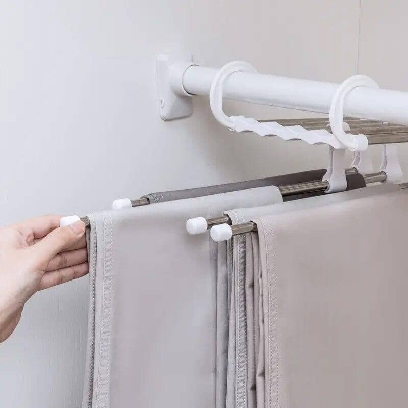 Cabide de Calças Antiderrapante 5 Divisórias Aço Inox Retrátil Quarto - Cabide Calça Retrátil 1PC Branco Modelo Mágico Housee - Coleção Organinzação kito magazine 
