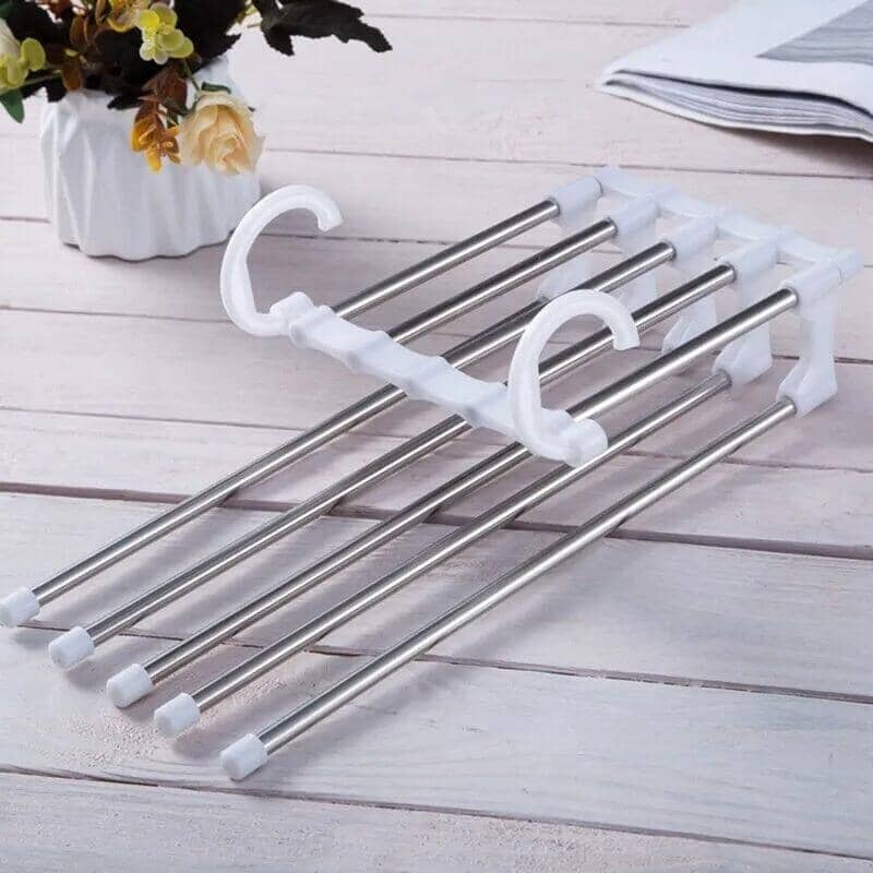Cabide de Calças Antiderrapante 5 Divisórias Aço Inox Retrátil Quarto - Cabide Calça Retrátil 1PC Branco Modelo Mágico Housee - Coleção Organinzação kito magazine 