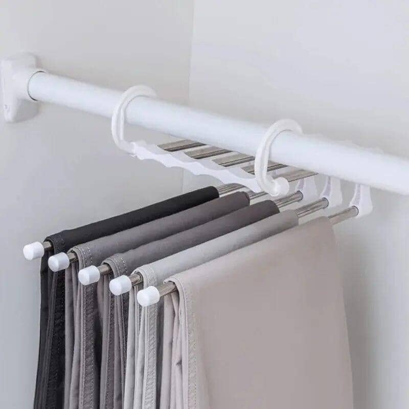 Cabide de Calças Antiderrapante 5 Divisórias Aço Inox Retrátil Quarto - Cabide Calça Retrátil 1PC Branco Modelo Mágico Housee - Coleção Organinzação kito magazine 