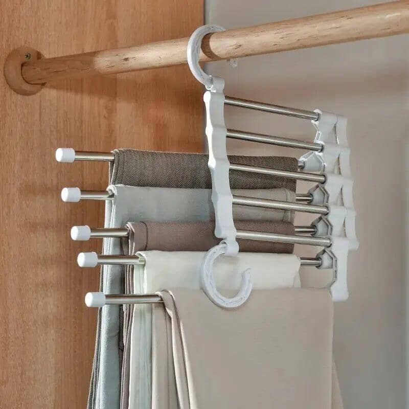 Cabide de Calças Antiderrapante 5 Divisórias Aço Inox Retrátil Quarto - Cabide Calça Retrátil 1PC Branco Modelo Mágico Housee - Coleção Organinzação kito magazine Branco 