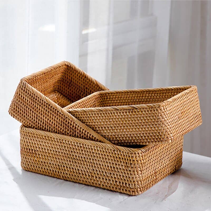 Cesto de Palha Rattan Feito a Mão Sala de Estar - Cesto de Palha Rattan Feito a Mão Kito Magazine Kit 3 Peças (P+M+G) 