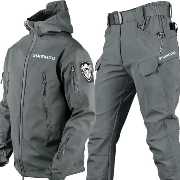 Conjunto Jaqueta Impermeável Militar com Proteção UV + Calça de Pesca Tática - Shimano Conjunto Jaqueta Impermeável Militar com Proteção UV + Calça de Pesca Tática - Shimano Kito Magazine Cinza P 