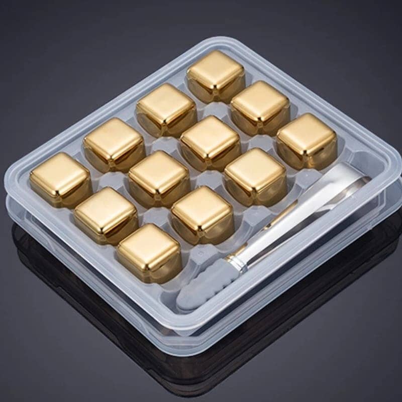 Cubos de Gelo Aço Inox Dourado com Pegador Mesa Posta - Cubos de Gelo Aço Inox Dourado com Pegador Kito Magazine 12 unidades + Pegador 