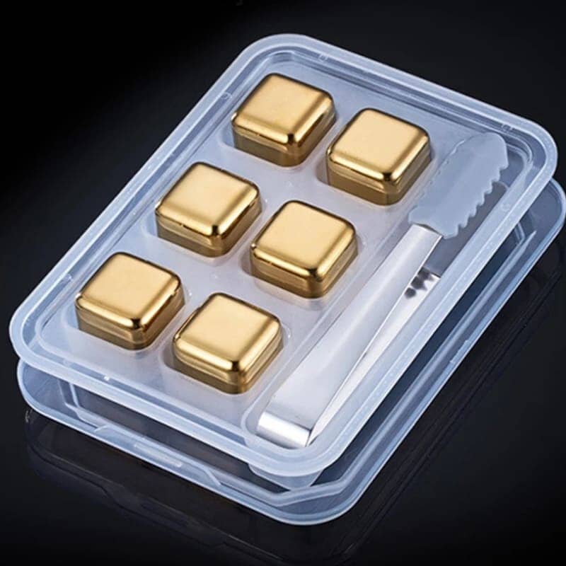 Cubos de Gelo Aço Inox Dourado com Pegador Mesa Posta - Cubos de Gelo Aço Inox Dourado com Pegador Kito Magazine 6 unidades + Pegador 