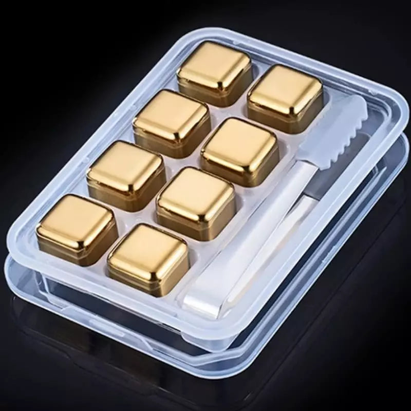 Cubos de Gelo Aço Inox Dourado com Pegador Mesa Posta - Cubos de Gelo Aço Inox Dourado com Pegador Kito Magazine 8 unidades + Pegador 