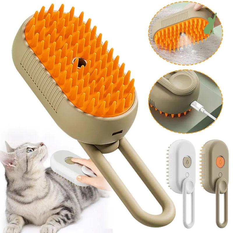 Escova de Vapor Massageadora Macia para Cães e Gatos 3 em 1 Escova de Vapor Massageadora Macia para Cães e Gatos 3 em 1 com Alça Bege Kito Magazine 